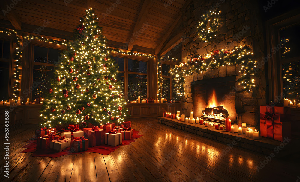 A cozy Christmas living room with a decorated tree, fireplace, and lots of presents under the tree. The scene is lit by warm lights, creating an inviting atmosphere. A cozy Christmas living room with a decorated tree, fireplace, and lots of presents under the tree. The scene is lit by warm lights, creating an inviting atmosphere.