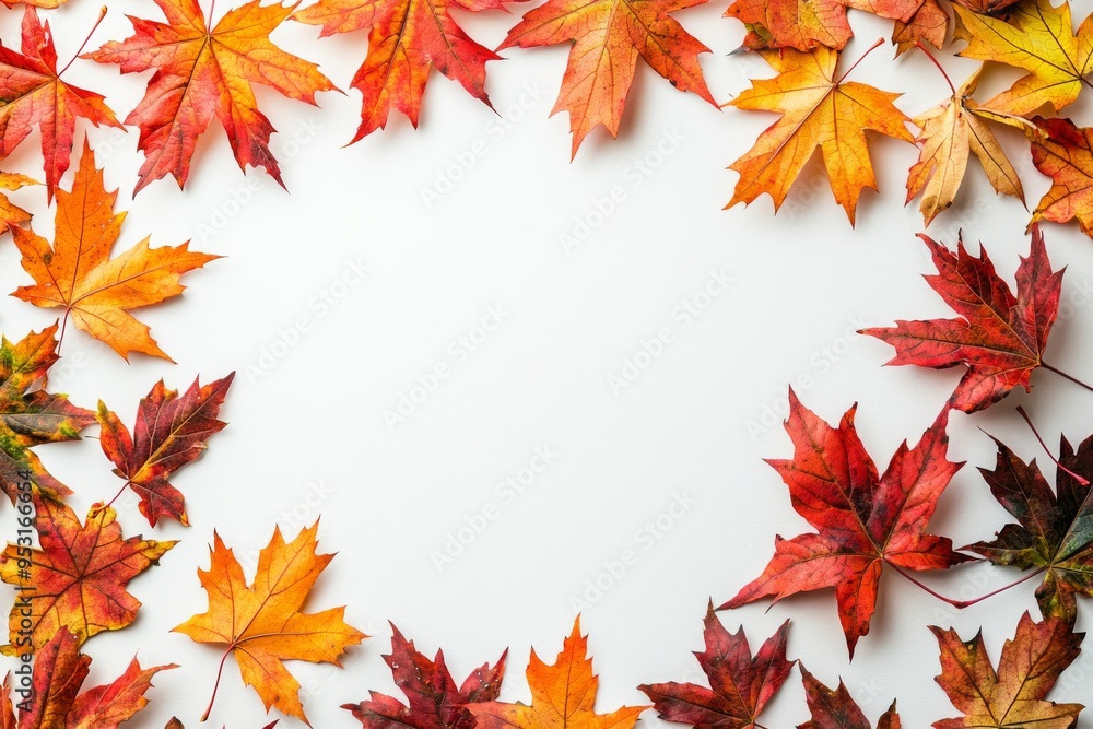 Autumn Maple Leaves Flat Lay White Background created with Generative AI Autumn Maple Leaves Flat Lay White Background created with Generative AI