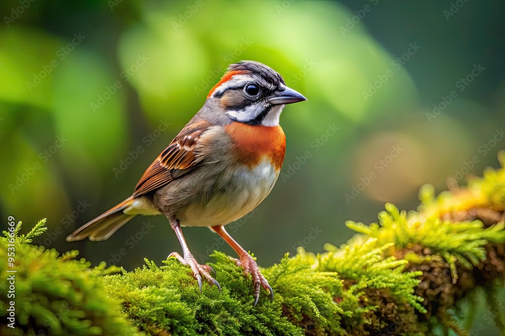 A small, sleek Rufous-collared Sparrow perches on a moss-covered branch, its distinctive reddish-brown collar and grey-brown plumage blending with the lush greenery of the tropical rainforest habitat. A small, sleek Rufous-collared Sparrow perches on a moss-covered branch, its distinctive reddish-brown collar and grey-brown plumage blending with the lush greenery of the tropical rainforest habitat.