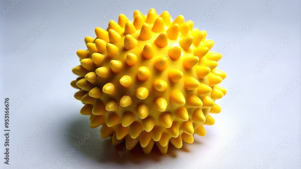 Massage ball with a series of small bumps and a bright yellow color, rotating slightly to show its contours Massage ball with a series of small bumps and a bright yellow color, rotating slightly to show its contours