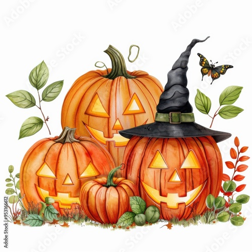 Watercolor Halloween Pumpkins With Witch Hat And Butterfly