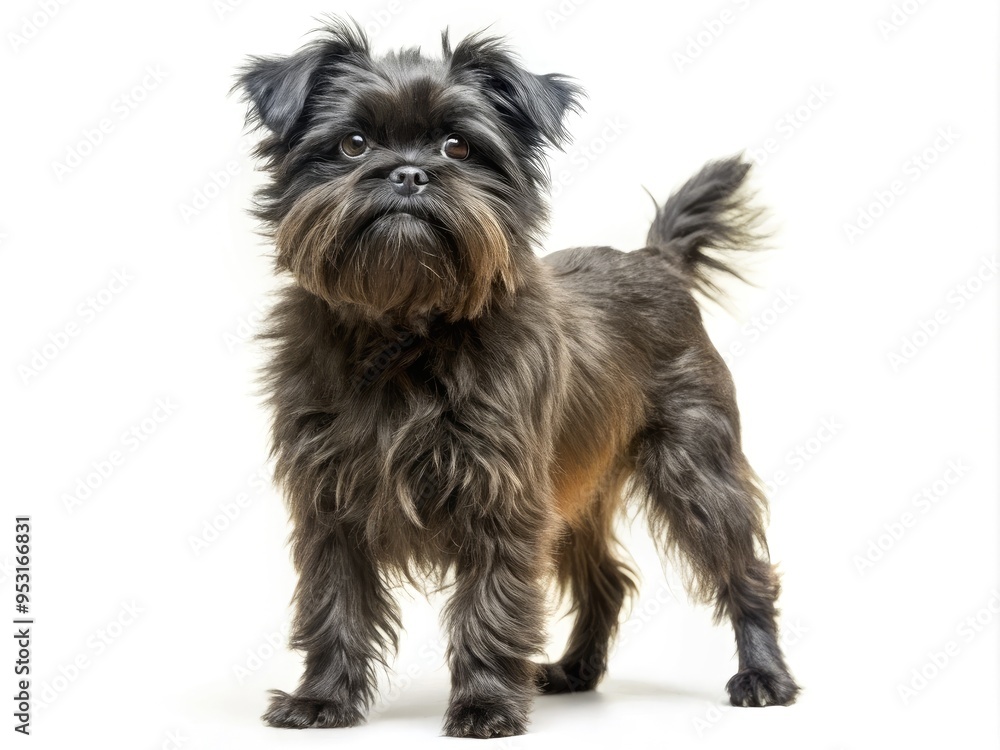 A Small, Wiry-Haired Affenpinscher Dog With A Playful Expression And Alert Stance, Standing In Front Of A White Background. A Small, Wiry-Haired Affenpinscher Dog With A Playful Expression And Alert Stance, Standing In Front Of A White Background.