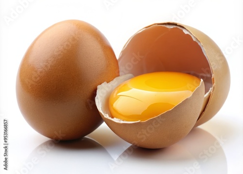 Egg with a broken shell, revealing the albumen and yolk, isolated on a white surface, showcasing the nutritional benefits