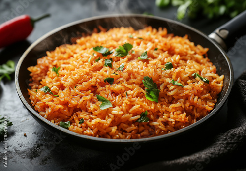 jollof rice, a West African stew made with rice, chili peppers, and meat or fish photo