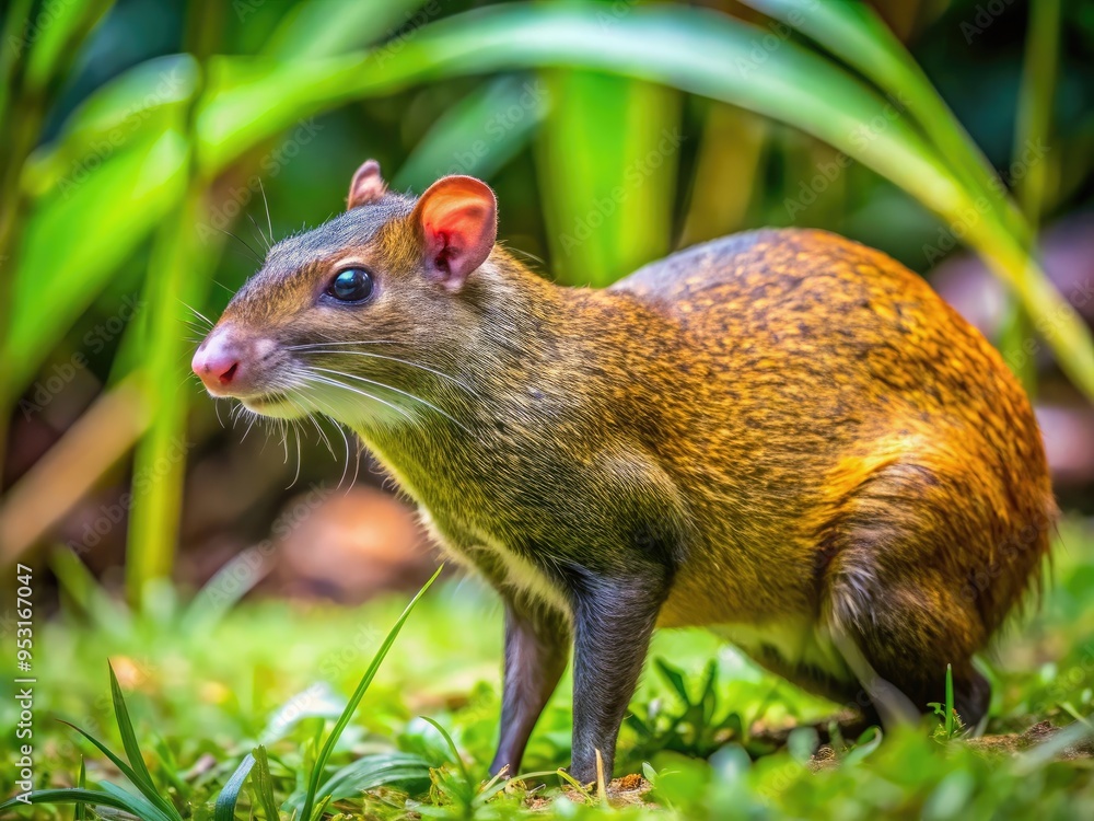 A solitary agouti rodent with distinctive brown and white fur, long legs, and sharp teeth roams freely in a lush, vibrant Amazon rainforest habitat. A solitary agouti rodent with distinctive brown and white fur, long legs, and sharp teeth roams freely in a lush, vibrant Amazon rainforest habitat.