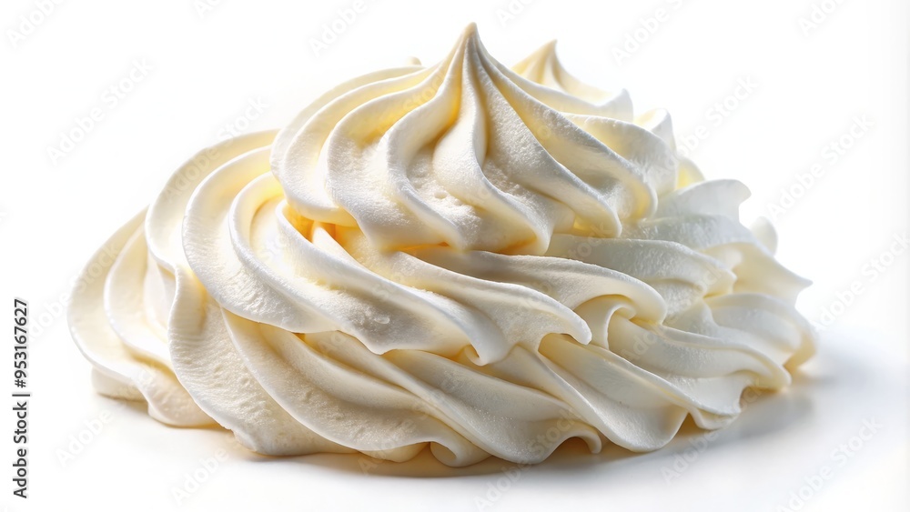 Freshly whipped creamy egg whites forming a light and airy froth, isolated on a crisp white background with intricate texture details Freshly whipped creamy egg whites forming a light and airy froth, isolated on a crisp white background with intricate texture details