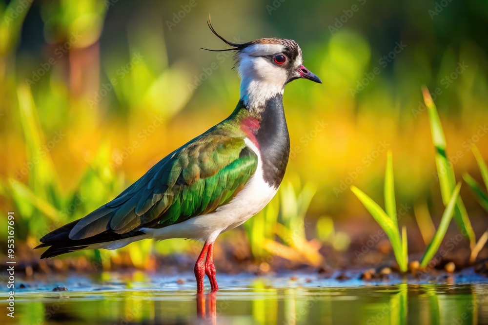 Naklejka premium A solitary Southern Lapwing bird stands majestically in a lush green wetland, its striking black and white plumage glistens in the warm sunlight.