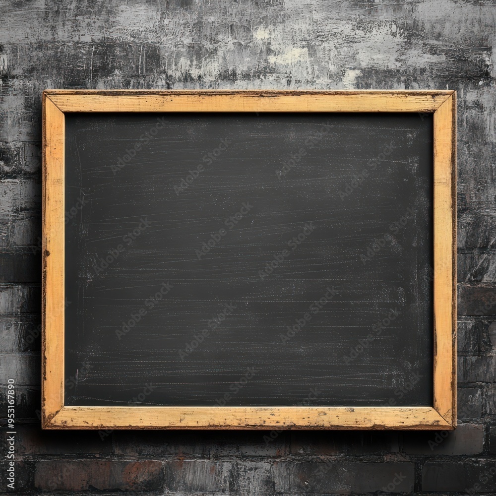 Empty blackboard with wooden frame on brick wall, education or menu concept
