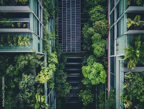 Aerial perspective of a modern, eco-friendly building with abundant greenery and solar panels integrated into its design.