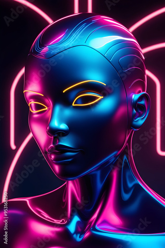 Dynamic 3D Holographic Neon Portrait Featuring Headphones, AI-Generated Front-Facing Image