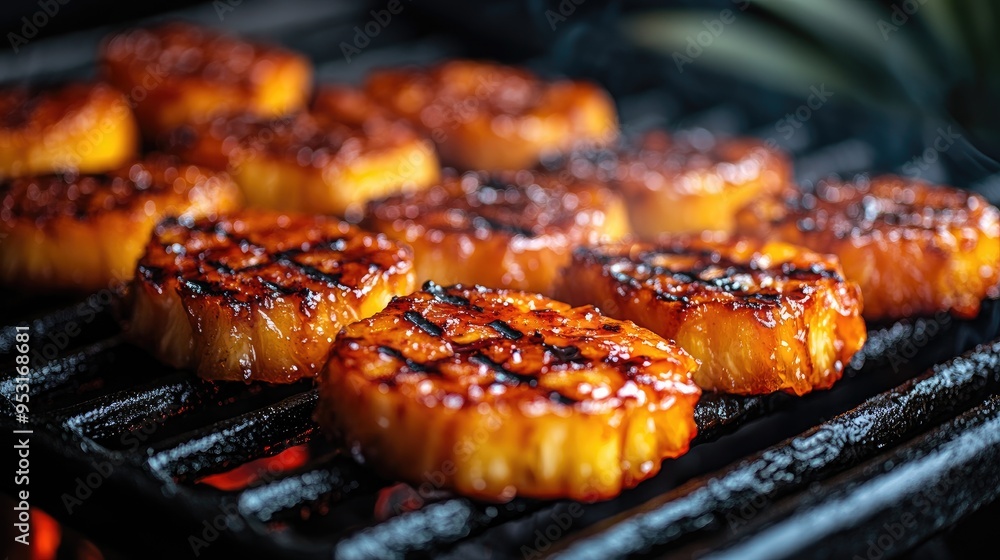 Delicious slices of pineapple grilling on a barbecue Delicious slices of pineapple grilling on a barbecue