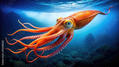 A vibrant orange squid swims through the dark blue ocean, its eight arms and two longer tentacles stretching out, displaying its camouflage ability. photo