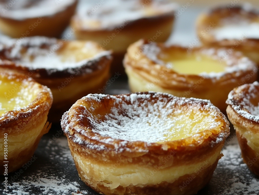 Portuguese pastel de nata with powdered sugar. Portuguese pastel de nata with powdered sugar.