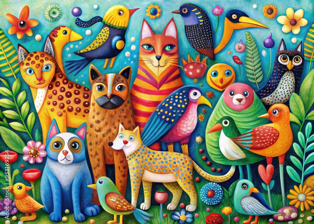 A whimsical illustration of a menagerie of animals, including a cat, dog, and bird, formed by cleverly arranged shapes and bold, vibrant colors. A whimsical illustration of a menagerie of animals, including a cat, dog, and bird, formed by cleverly arranged shapes and bold, vibrant colors.