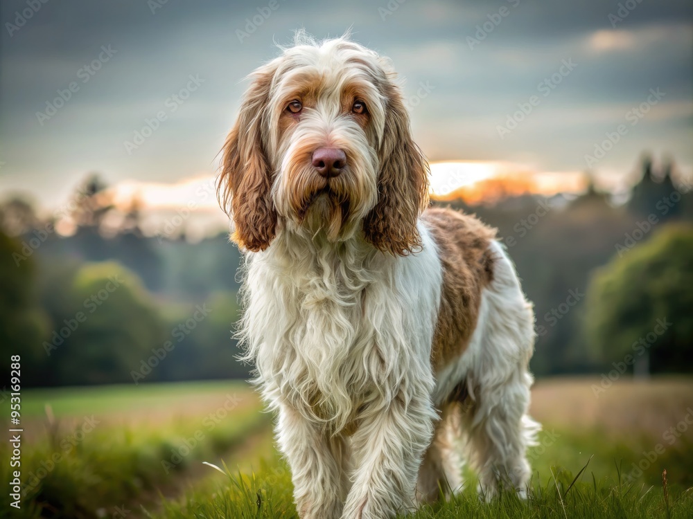 A White And Brown Spinone Italiano Dog With Long, Curly Fur Looks Directly At The Camera While Standing In A Field.