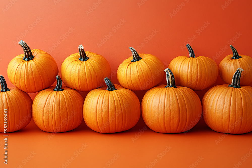 Many delicious ripe pumpkins on orange background with copy space, perfect for autumn and harvest-themed designs. Many delicious ripe pumpkins on orange background with copy space, perfect for autumn and harvest-themed designs.
