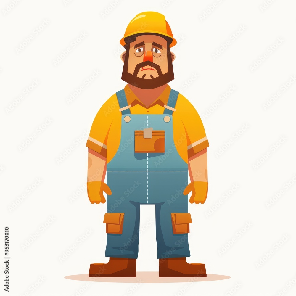Flat design of a person in work clothes, looking unhappy, with a white background. Flat design of a person in work clothes, looking unhappy, with a white background.