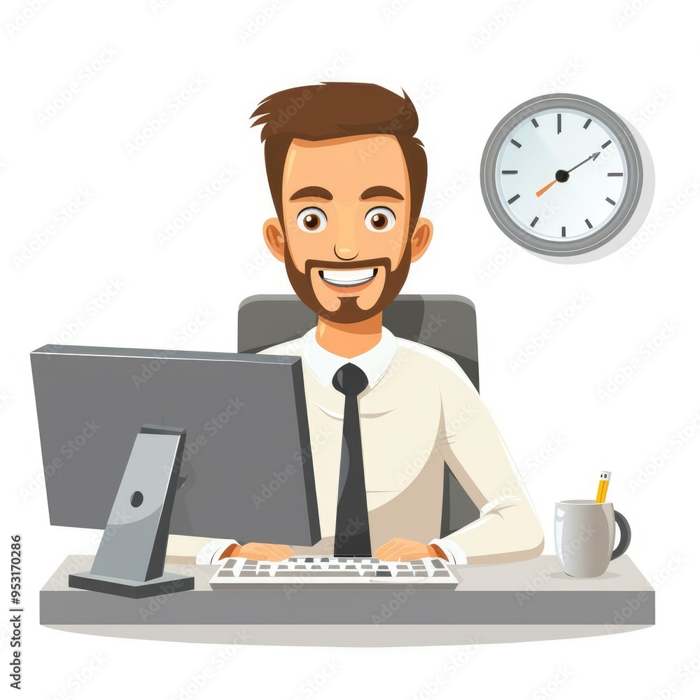Flat design of a man at an office desk, looking pleased with his work on a computer, set against a white background. Flat design of a man at an office desk, looking pleased with his work on a computer, set against a white background.