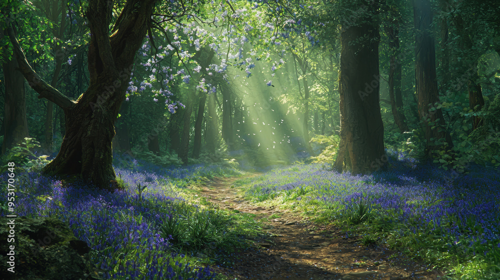 Obraz premium A mystical forest scene where the ground is carpeted with bluebells, and shafts of sunlight pierce through the dense canopy, illuminating a hidden path that winds through the trees, creating a sense o