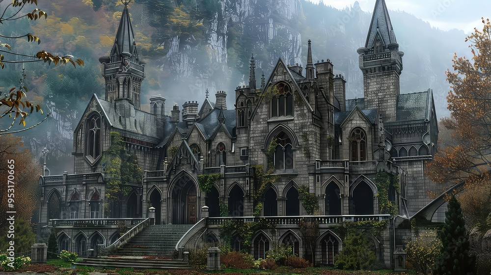 Fototapeta premium A large, gothic style mansion with a long set of stone stairs leading to the entrance, surrounded by trees, in front of a mountain range in the distance.