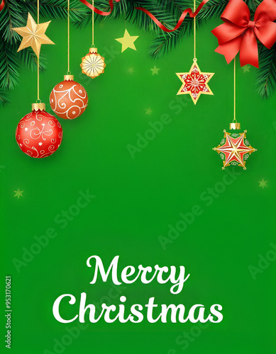 Green background with Christmas ornaments, stars, and the text 