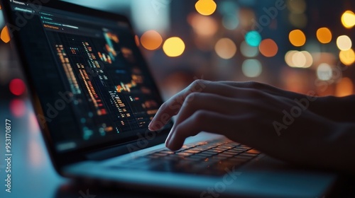 Close-up of Hands Typing on a Laptop with Data Charts Displayed on the Screen