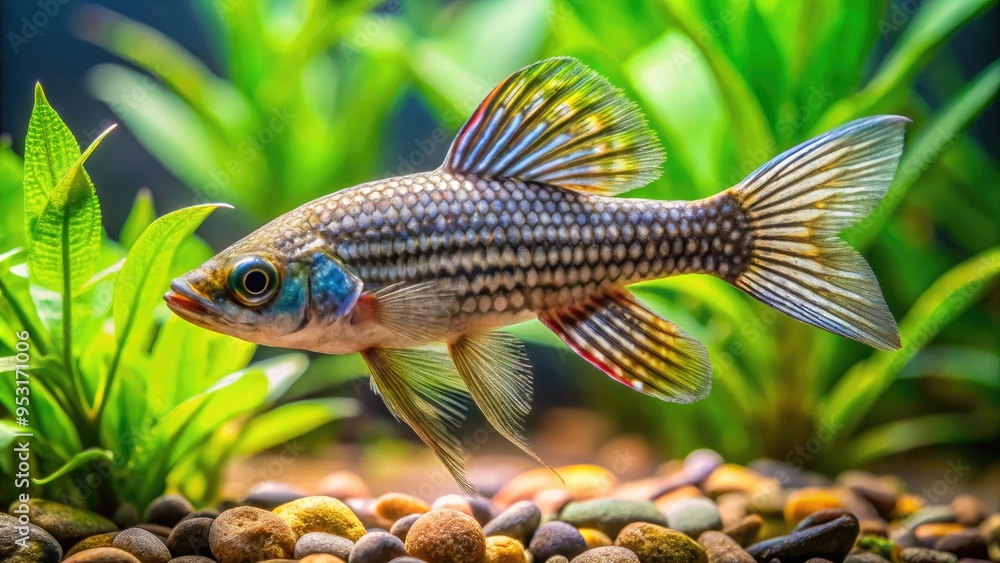 Close-Up Shot Of A Featherfin Squeaker Fish In A Freshwater Aquarium With Vibrant Green Plants And A Sandy Substrate. Close-Up Shot Of A Featherfin Squeaker Fish In A Freshwater Aquarium With Vibrant Green Plants And A Sandy Substrate.