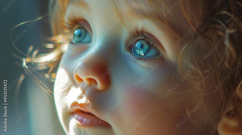 A young child with bright blue eyes in a close-up shot A young child with bright blue eyes in a close-up shot