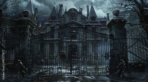 A mysterious, dark, and ominous gothic mansion stands behind a wrought iron gate in the rain.