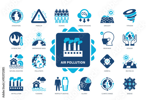 Air Pollution icon set. Atmosphere, Typhoon, Allergy, Harmful, Pollutants, Greenhouse Gases, Extreme Heat, Disease. Duotone color solid icons