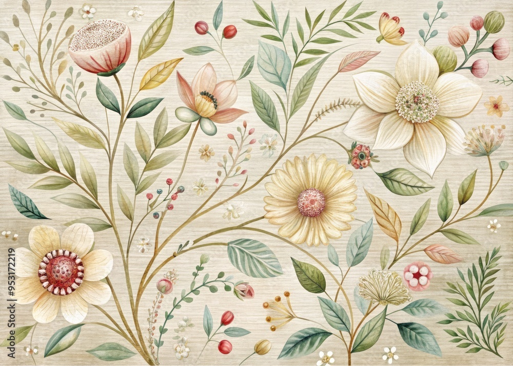 custom made wallpaper toronto digitalDelicate, hand-painted flower blooms on a textured, cream-colored canvas, surrounded by whimsical illustrations of leaves, vines, and subtle abstract patterns in soft, muted colors.
