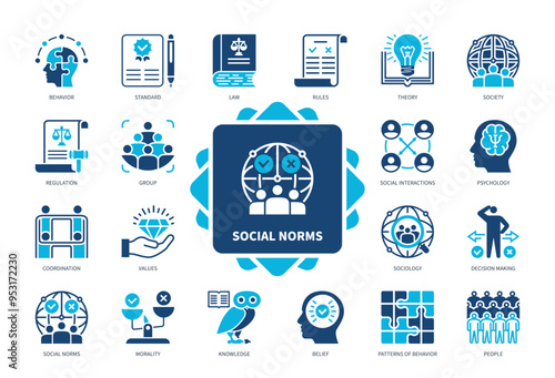 Social Norm icon set. Behavior, Belief, Society, Rules, Coordination, Psychology, Morality, Values. Duotone color solid icons