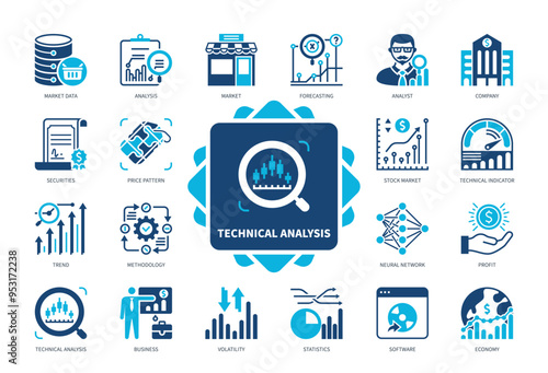 Technical Analysis icon set. Market Data, Company, Price Pattern, Neural Network, Stock Market, Trend, Methodology, Profit. Duotone color solid icons