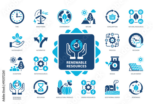 Renewable Resources icon set. Replenish, Nature, Environment, Alternative, Ecosphere, Recovery, Solar Energy, Biogas. Duotone color solid icons