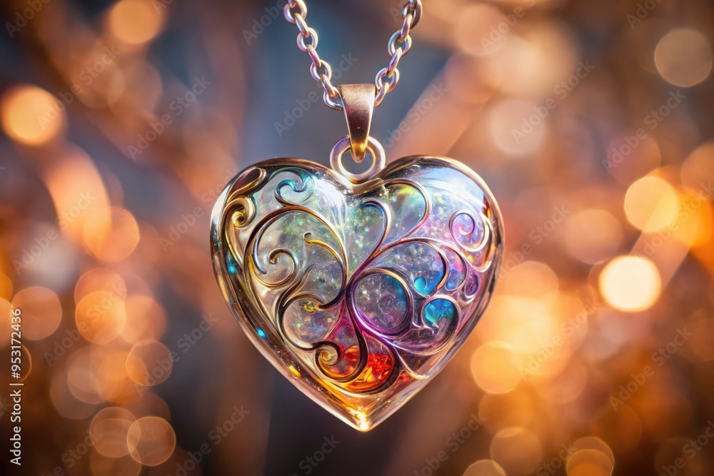 Delicate heart-shaped glass pendant adorned with intricate swirls and suspended from a slender chain, glistening with subtle colors and sparkling light refractions. Delicate heart-shaped glass pendant adorned with intricate swirls and suspended from a slender chain, glistening with subtle colors and sparkling light refractions.