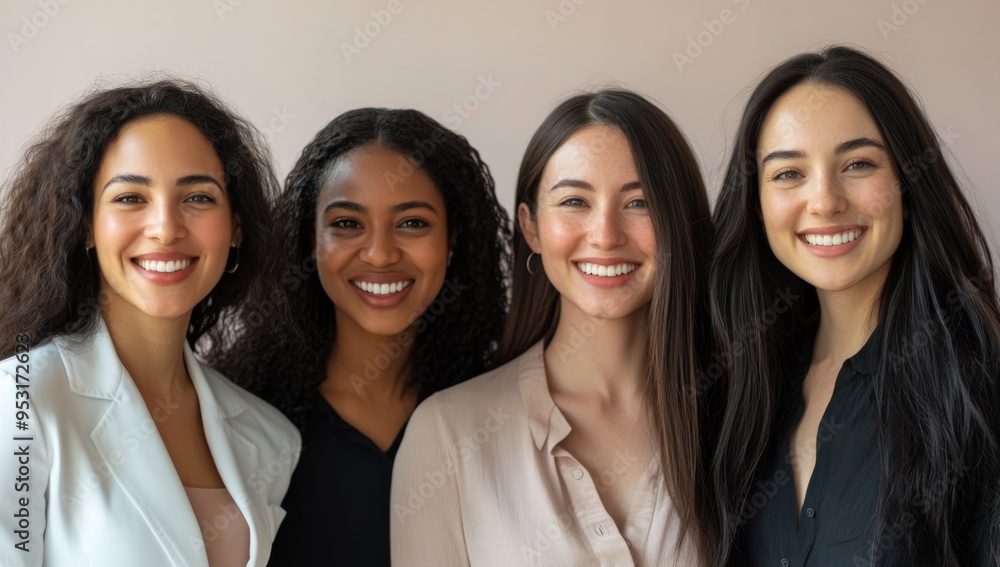 Group of business women smiling and looking at camera, with different skin tones, against light pastel background Group of business women smiling and looking at camera, with different skin tones, against light pastel background