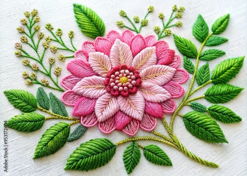 Delicate, intricate embroidery of a blooming flower with petals and leaves in shades of pink and green on a white background, exuding elegance and serenity. photo