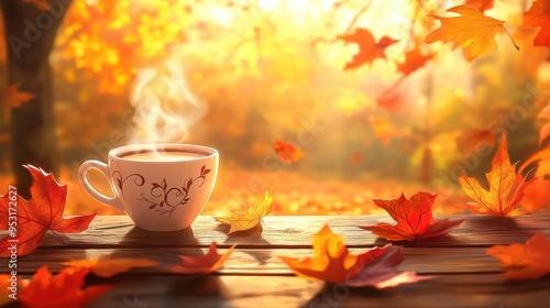 A steaming cup of coffee surrounded by autumn leaves in a serene outdoor setting.