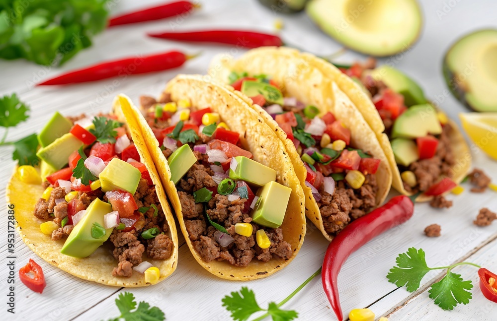 Tasty tacos with ground meat and vegetables on a white wooden tablet Tasty tacos with ground meat and vegetables on a white wooden tablet