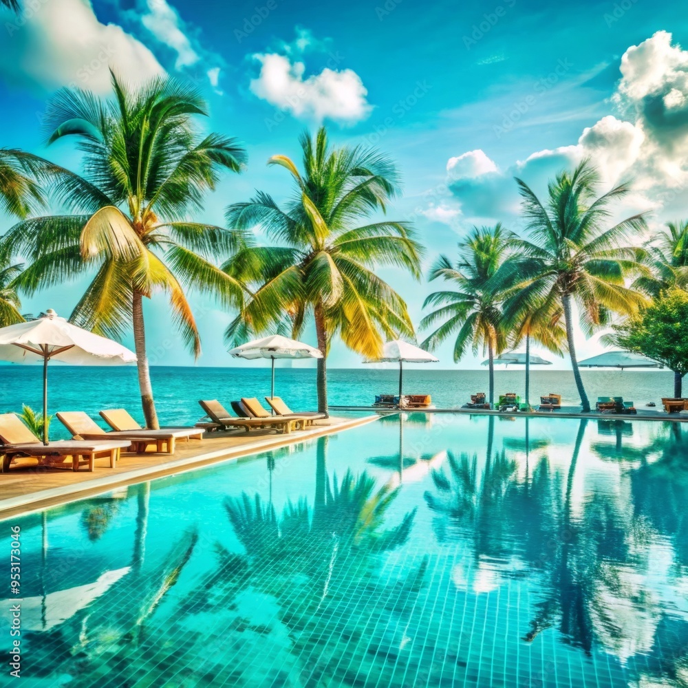A luxurious tropical resort scene features an infinity pool overlooking a vast ocean. A luxurious tropical resort scene features an infinity pool overlooking a vast ocean.