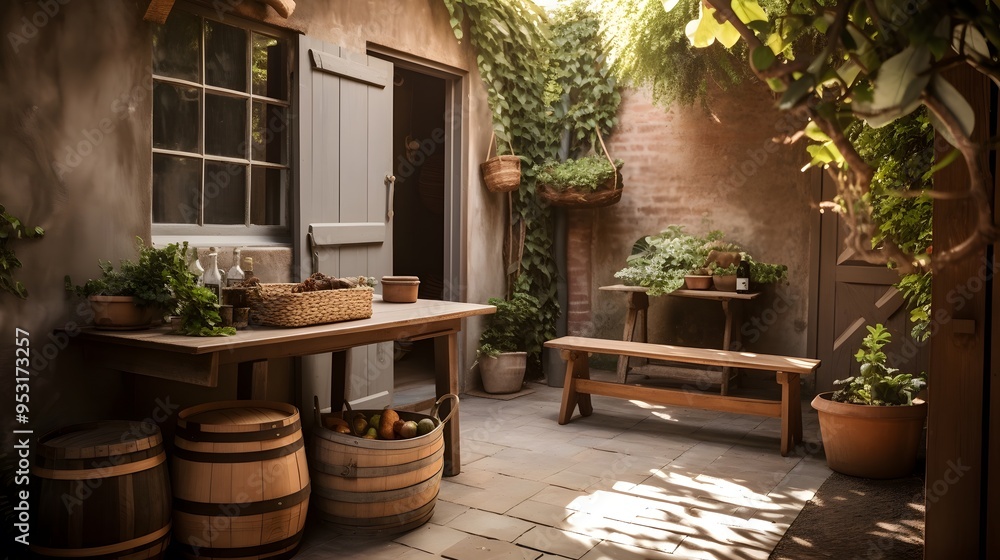 Obraz premium cozy outdoor patio area featuring wooden tables and chairs under a canopy of green leaves.