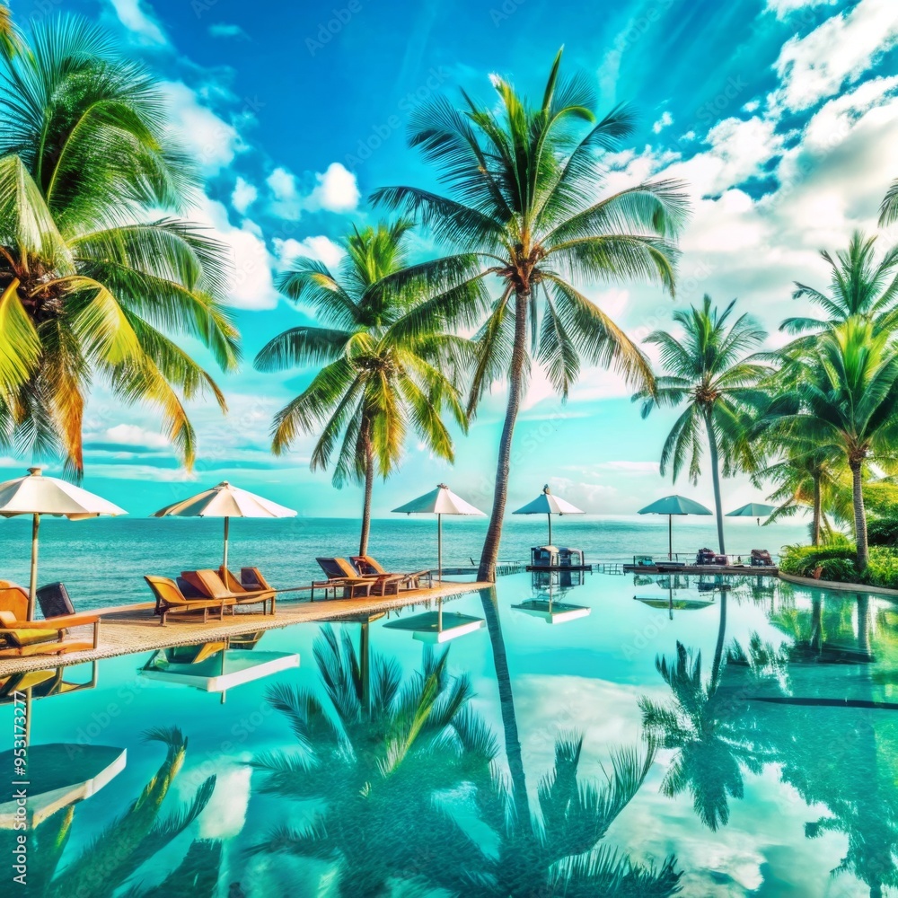 A luxurious tropical resort scene features an infinity pool overlooking a vast ocean. A luxurious tropical resort scene features an infinity pool overlooking a vast ocean.