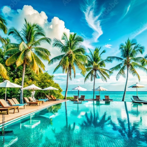 A luxurious tropical resort scene features an infinity pool overlooking a vast ocean.