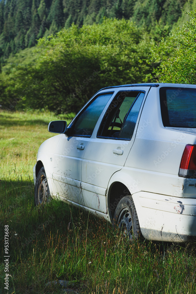 White abandoned car in forest