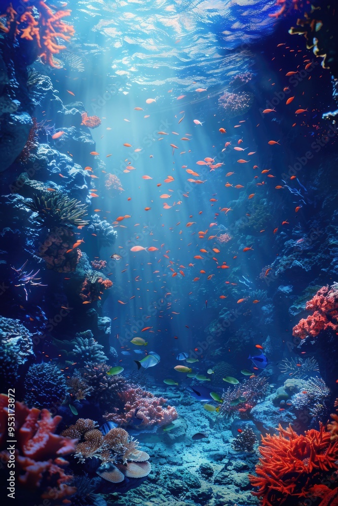 Fototapeta premium Underwater scene with vibrant coral and various fish species