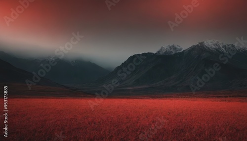 Red Field with Misty Mountains in the Background.