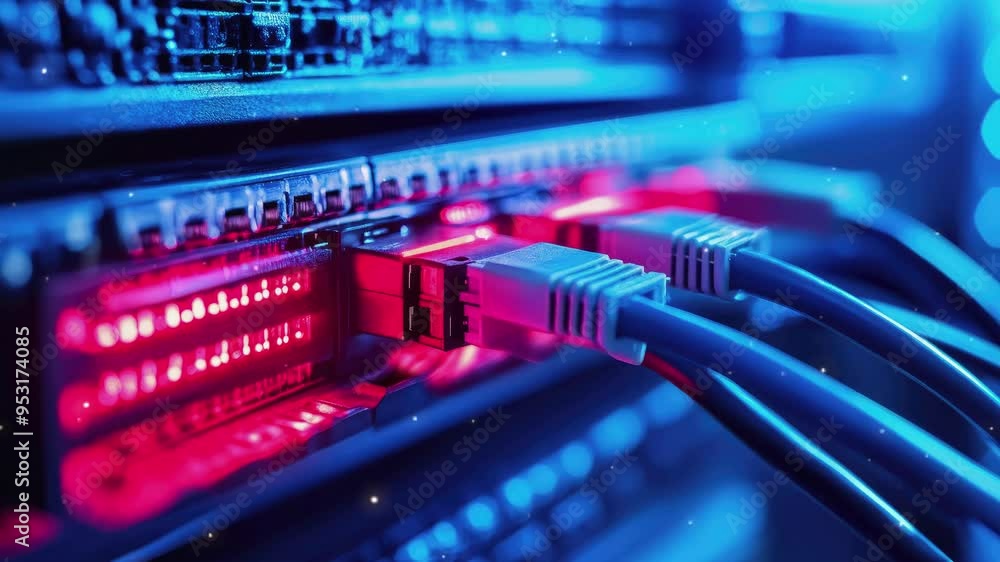 Close-up of Network Cables Connected to a Server Rack with Red and Blue Lights Close-up of Network Cables Connected to a Server Rack with Red and Blue Lights