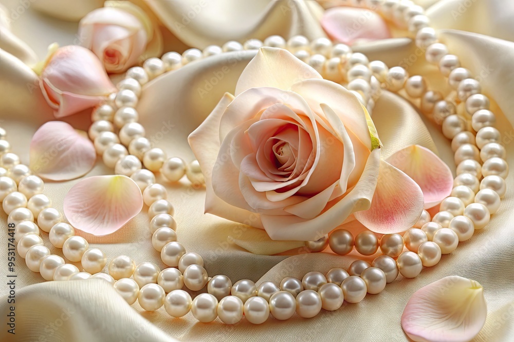 Delicate rose petals and luminous pearls entwined in an elegant necklace, resting on a soft, ivory-hued velvet backdrop, exuding vintage romance and sophistication. Delicate rose petals and luminous pearls entwined in an elegant necklace, resting on a soft, ivory-hued velvet backdrop, exuding vintage romance and sophistication.