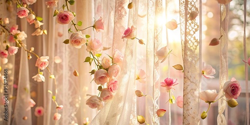 Delicate rose petals cascade down a romantic lace curtain, softly filtering morning light, creating a warm, intimate atmosphere in a serene, feminine-inspired space.