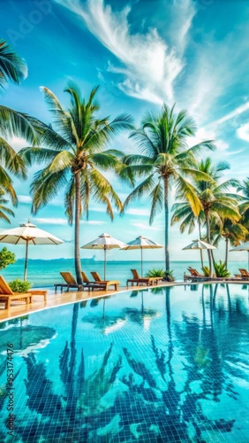 A luxurious tropical resort scene features an infinity pool overlooking a vast ocean.